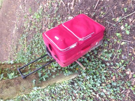 Koffer met kleren in de natuur